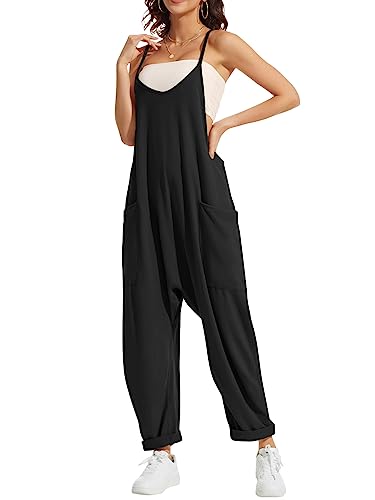 CAIYING Jumpsuit for Women Casual Rompers Sleeveless Loose Stretchy Strap Baggy Overalls Cotton Jumpers with Pockets - Small - Black