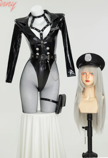 Police Officer Costume Woman Adult Sexy Lingerie Set Deep V Studded Bodysuit and Hat with Belt and Mesh Stockings