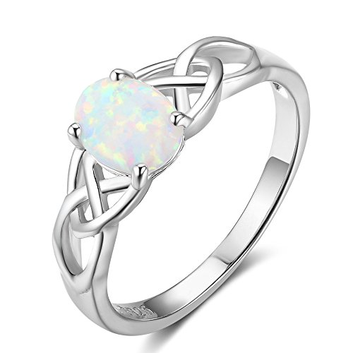 ACEFEEL Oval Lab Created White Opal Celtic Knot 925 Sterling Silver Band Ring - 11