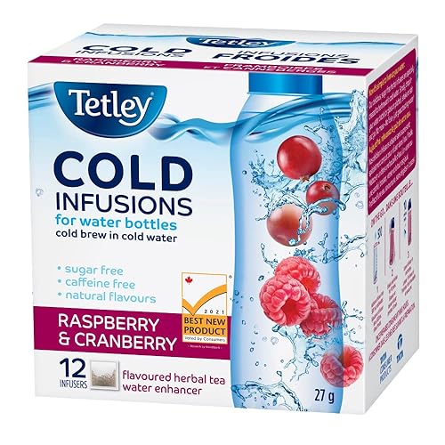 Tetley Cold Infusions Raspberry and Cranberry |Herbal Cold Water Infuser |Delicious, Natural, Sugar Free and Caffeine Free| Cold Brew in Cold Water | Great for Water Bottles | 12 Infusers per Box - Raspberry and Cranberry - 12 Count (Pack of 1)
