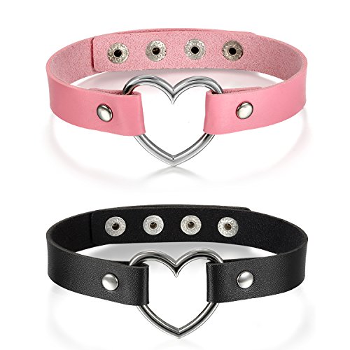 Cupimatch 2Pcs Punk Heart Charm Leather Collar Choker Necklace Adjustable 13"- 15.7" - 2 PCS