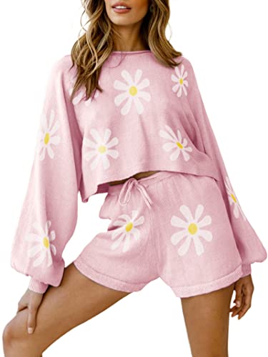 Ekouaer Knit Pajamas Set for Women Lounge Sets Long Puff Sleeve Top and Shorts 2 Piece Outfits Sweatsuit Sweater Sets S-XXL - A- Floral Pink - XX-Large