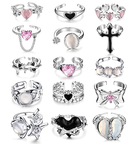 Drperfect 15 Pcs Y2k Rings for Women Irregular Adjustable Open Ring Vintage Punk Grunge Gothic Goth Moonstone Star Thorn Heart Cross Bud Bow Ring Set - Ring Set