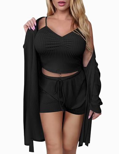 Ekouaer Women Pajamas Set 3 Piece Lounge Sets with Open Front Cardigan Pocketed Cami and Shorts Pjs Belted Robe Set - Black - XX-Large