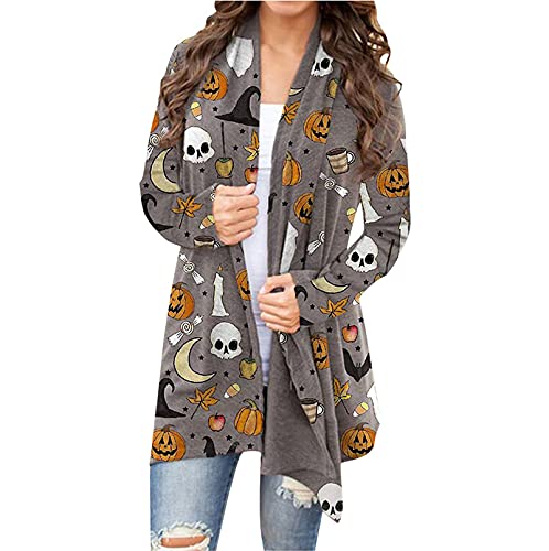 kinstell Women Halloween Long Sleeve Open Front Cardigan Pumpkin Animal Black Cat Ghost Lightweight Coat - 3X-Large - Grey2