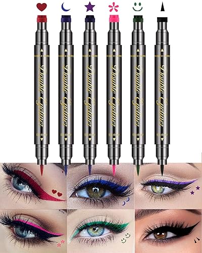Jutqut 6Pcs Double-head Liquid Stamp Eyeliner, Colored 6 in 1 Stars Flowers Hearts Moon Smiley Face Triangle Stamps Makeup Stamp Set, Waterproof Slim Gel Felt Tip Liquid Eyeliner Colorful Set Wingliner Shapes - 6pcs Set