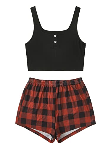 SheIn Women's 2pcs Pajama Set Sleeveless Crop Tank Top and Plaid Shorts Loungewear - X-Large - Red