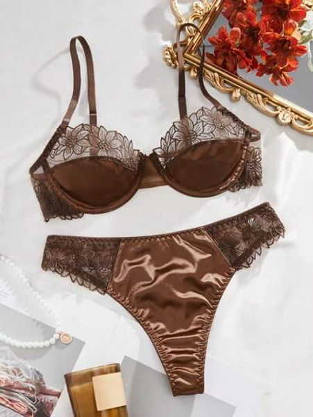 Embroidered Mesh Trimmed Satin Underwear Set Lingerie Set, Bra & Panty Set