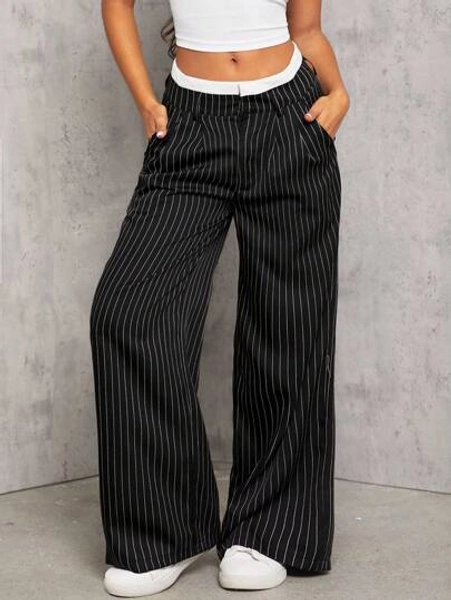 SHEIN PETITE Striped Wide-Leg Waistband Women's Suit Trousers In Fall/Winter