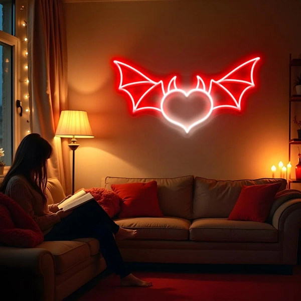 Devil Heart Neon Sign, Bat Wing Heart Neon Sign LED Wall Light for Bedroom, Game Room, Halloween Decor, Spooky Cute Aesthetic, Gothic Sign