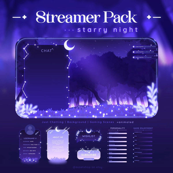 Starry Night Stream Pack - Dark Twitch Overlay 