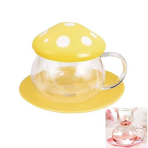 Cute Cups Mushroom Tea Cup with Infuser and Lid, Kawaii Glass Tea Cups and Saucers, 290ML Mushroom Tea Mugs with Spoon, Perfect Gifts for Girls and Women for Home and Office Use 9.8oz (Yellow)