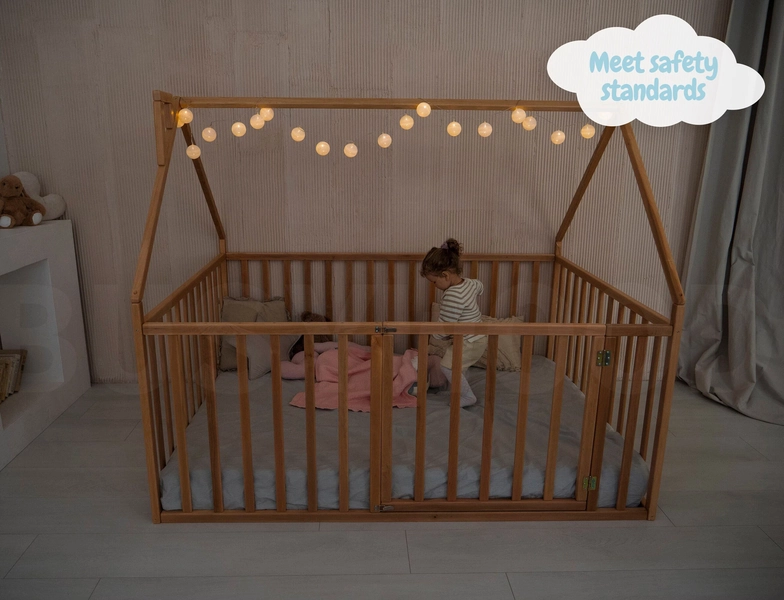 Montessori Baby Playpen with Extra High Rails by Busywood, House Playpen Bed, Platform Toddler Bed, Indoor Playground