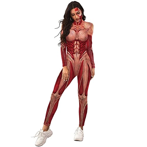 Teilwenl Womens Kyojin Cosplay Costume AOT Bodysuit Jumpsuit Halloween Muscle Skeleton Bodysuit Zentai 3D