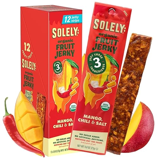 SOLELY - Organic Spicy Mango Chili and Salt Fruit Jerky - 12 Individually Wrapped Fruit Strips - Fruit Leather Made from Dried Fruit - Healthy Snacks for Adults & Kids - Vegan, Non GMO - 0.8oz (23g)