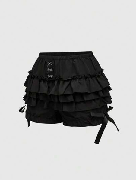 ROMWE Goth Plus Size Women Gothic Cute 3-Layers Ruffle Hem With Bow Decor Pumpkin Shorts