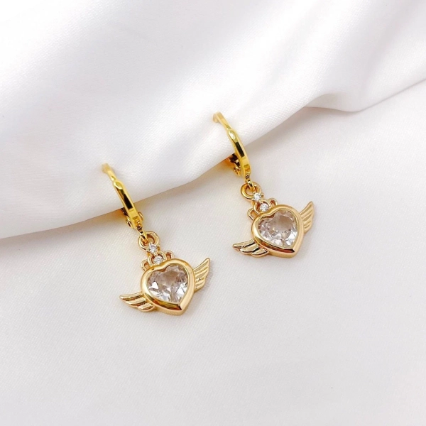 Heart angel wing earrings, gold plated cubic zirconia heart angel wings charm earrings with mini huggie hoops, y2k, trendy, gifts for her