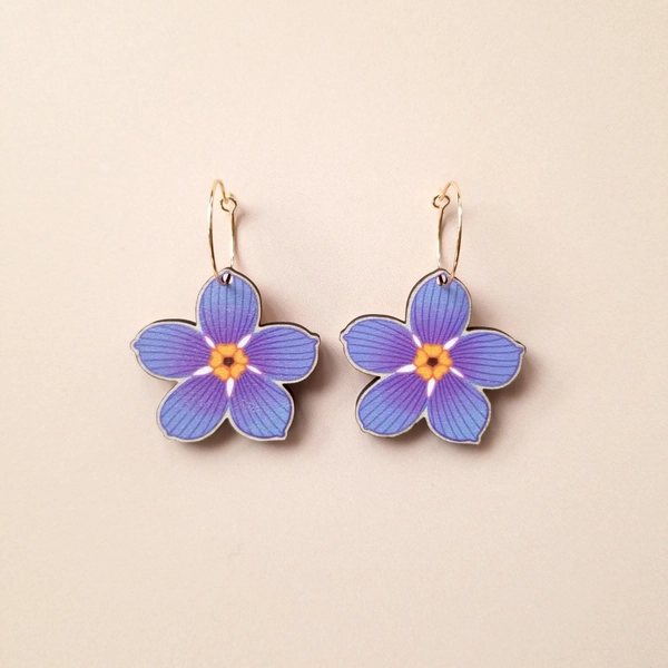 Quirky Forget Me Not Flower Statement Lesbian Earrings ~ colorful cottagecore jewelry, cute laser cut wood hoops
