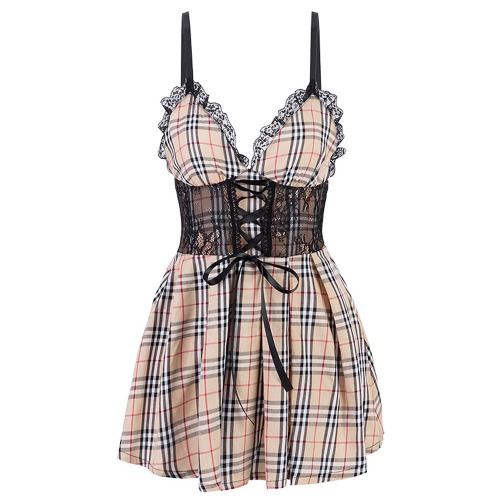 Irresistible Lace-Up Backless Lingerie Dress - Khaki / S