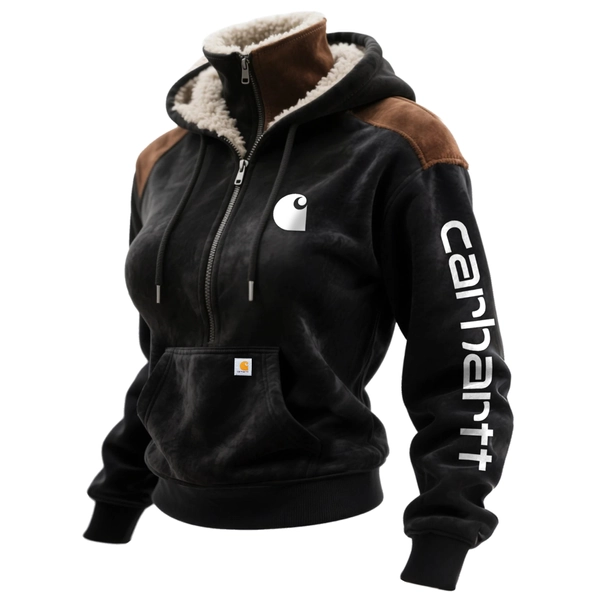 Retro Western Style Women's Contrast Color Panel Suede Hooded Sweatshirt Half Zip Stand Collar Sweatshirt