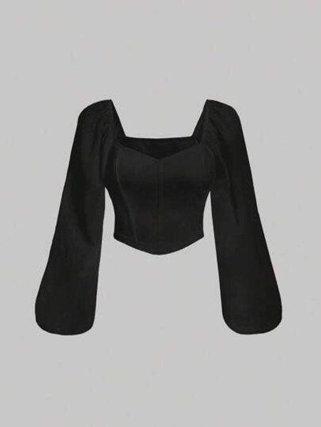 SHEIN MOD Plus Size Sweetheart Neckline Corset Lantern Sleeve Blouse