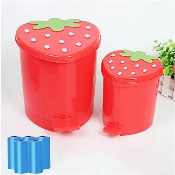 BxuxJar Strawberry Trash Can, 1 Gallon Cute Trash Can Plastic Desk Kawaii Room Decor for Bedroom, Small Red Trash Can with 0.3 Gallon Mini Garbage Can and 5 Rolls Garbage Bag