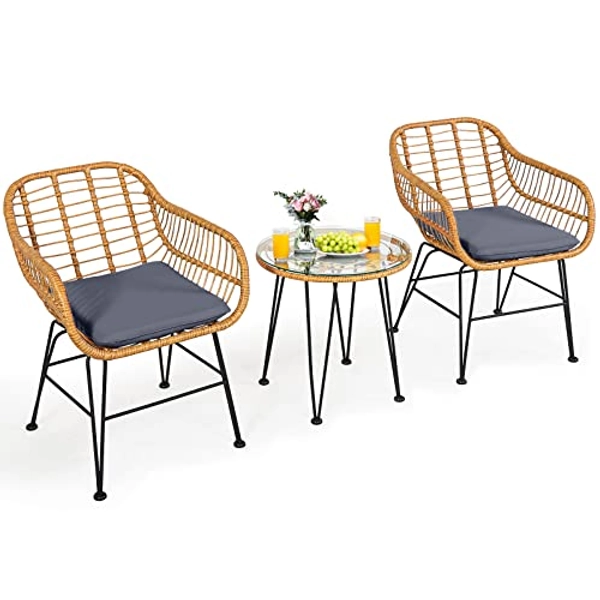 Tangkula 3 Pieces Patio Bistro Set, Rattan Conversation Set with 2 Cushioned Armchairs & Round Glass Coffee Table, Indoor Outdoor Wicker Furniture Set for Balcony, Backyard, Garden, Poolside