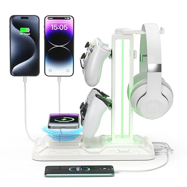 KDD Headset Halterung und Controller-Ständer mit kabellosem Laden, drehbarer Headset Ständer mit 9 Lichtmodi, Controller Halterung mit 2 USB- und Typ-C-Anschlüssen für Gamer, Desktop-Zubehör (weiß)