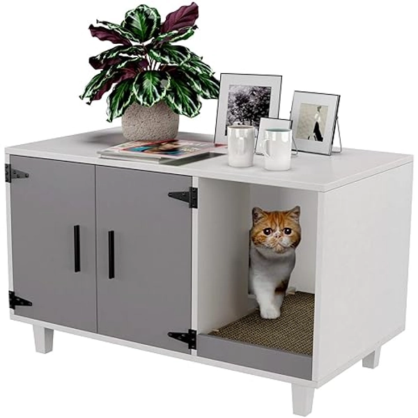 GDLF Modern Wood Pet Crate Cat Washroom Hidden Litter Box Enclosure Furniture House as Table Nightstand with Scratch Pad,Stackable (Gray & White)