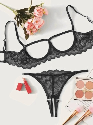 Crotchless Lingerie Open Bra Set - Black / M