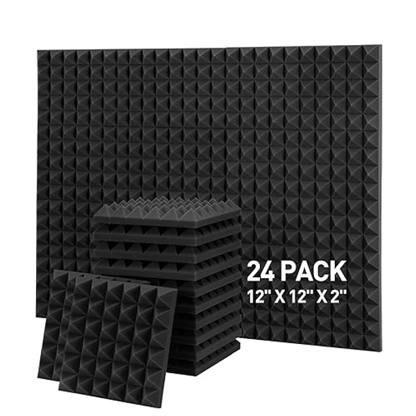 24 Pack Auslet Acoustic Panels, 12 x 12 x 2 Inches Acoustic Foam Panels, Pyramid Soundproof Wall Panels, Black Sound Proof Foam Panels, Sound Panels for Recording Studio