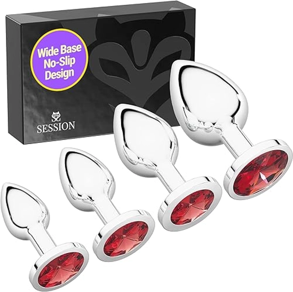 Session Jewel Butt Plug Beginner 4 Piece Set - Extra Small, Small, Medium, Large - Wide Base Prevents Slippage - Metal Anal Sex Adult Toy for Men & Women - Silver & Red - Circle Shaped Charm