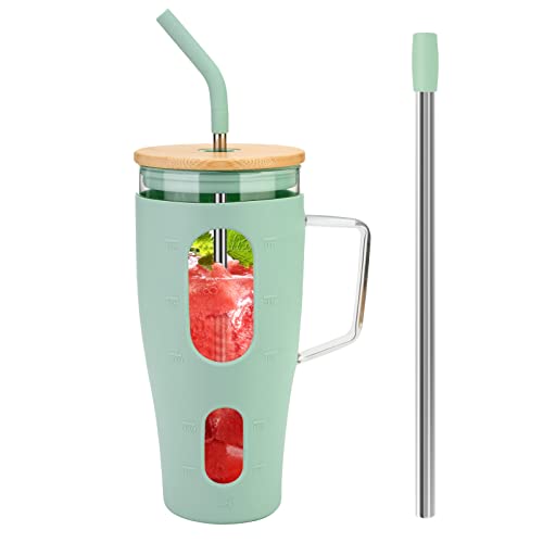 Zukro 40 oz Glass Tumbler with Handle, Reusable Water Tumbler With Straw and Lid and Time Marker Fits in Cup Holder, Drink Cup with Silicone Sleeve for Smoothie,Iced Coffee, BPA Free, Mint Green - Light Green - 40 oz