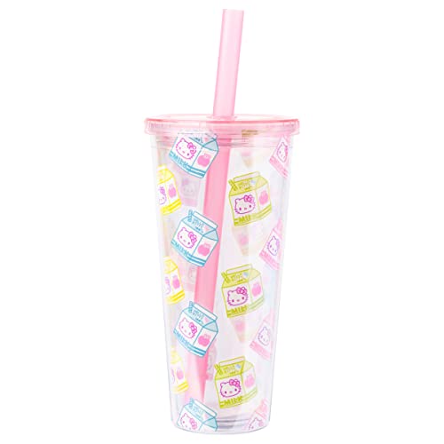 Silver Buffalo Sanrio Hello Kitty Milk Carton Pattern Plastic Boba Tumbler w Lid and Wide Straw, 24 Ounces - 24oz Hello Kitty Milk Carton