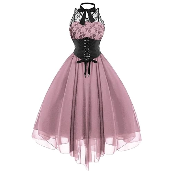 Women's Sleeveless Gothic Dress with Corset Halter Lace Swing Cocktail Dress Formal Halloween Punk Hippie Dresses