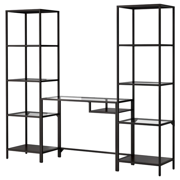 VITTSJÖ Shelving unit with laptop table - black-brown/glass 202x36x175 cm