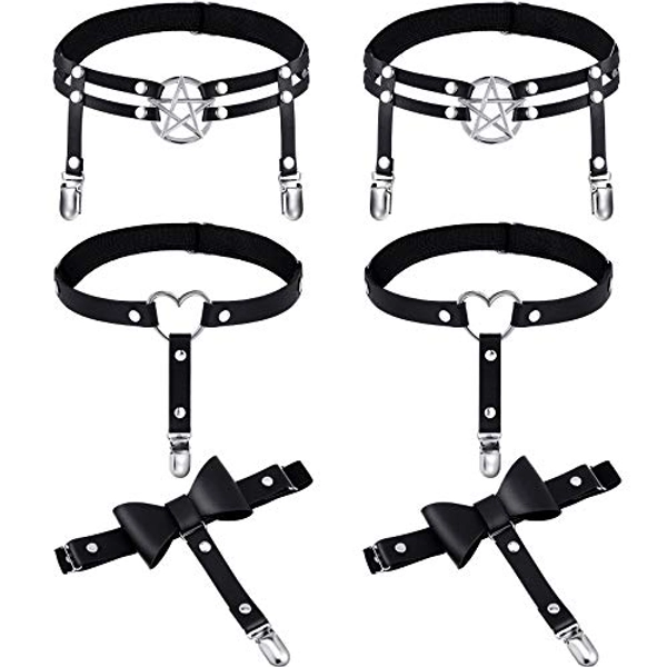 Syhood 6 Pieces Thigh High Garter Belt Heart Star Shaped Butterfly Knot Punk Leg Garter with Anti Slip Clips Elastic Punk Gothic Adjustable Thigh Ring Garter for Women
