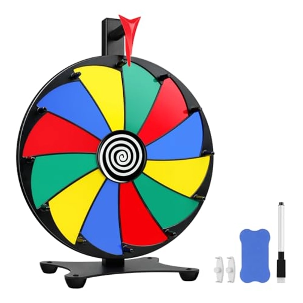 Pionites 12 Inch 12 Slots Prize Wheel Tabletop or Wall Mount Fortune Spin with Dry Erase Marker and Eraser for Engaging Home Parties, Trade Show, Carnival Events
