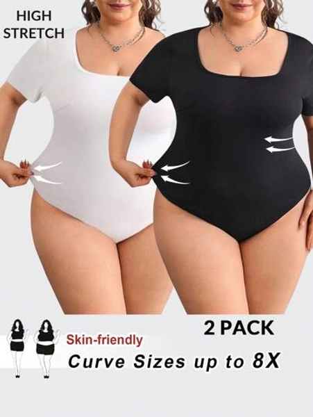 SHEIN CURVE+ 2pcs Plus Size Black & White Short Sleeve Tight-Fitting Shirts Bodysuits For Women Plus Size Plus Size Bodysuits Body Suit Plus Size 2 Pack Plus Size Bodysuits Curvy Bodysuit