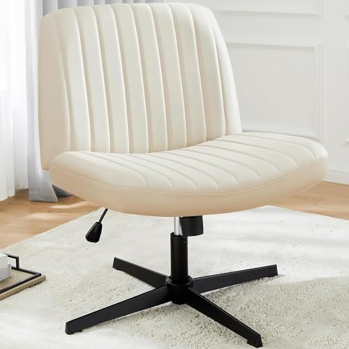 DUMOS Cross Legged Armless Wide Wheels, Modern Home Office Desk Swivel Adjustable Leather Vanity Chair, Cream - Without Wheels - Creamy