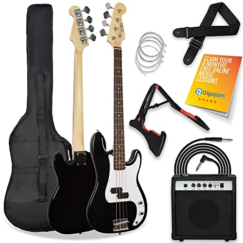 3rd Avenue Full Size 4/4 Electric Bass Guitar Beginner Pack Kit with 15W Amplifier, Bag, Cable, Strap, Stand and Spare Strings - Black - Black with White