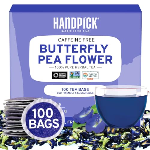 HANDPICK Butterfly Pea Flower Tea Bags (100 Count) Caffeine Free, Gluten Free - Direct From Source - Premium Quality Eco-conscious Round Bags - Butterfly Pea Flower Tea - 100 Count (Pack of 1)