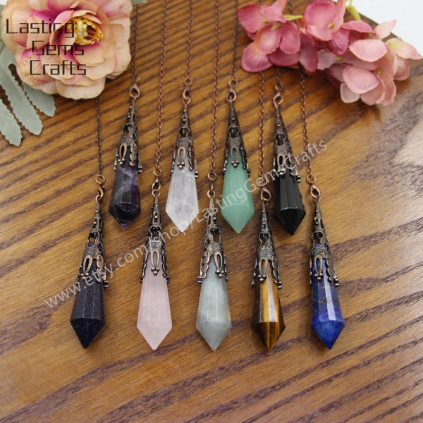 Natural Gemstone Faceted Point Healing Pendulum Chains Antique Bronze Cap,Chakra Crystal Quartz Pendulum,Birthday Gift,Dowsing Tool,Necklace