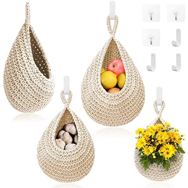 Hanging Fruit Baskets for Kitchen - 3 Pack Boho Wall Hanging Basket with 6 Pcs Strong Hooks, Handwoven Hanging Holder Teardrop Home Produce Basket for Fruits Vegetable Potato Onion Storage (White)