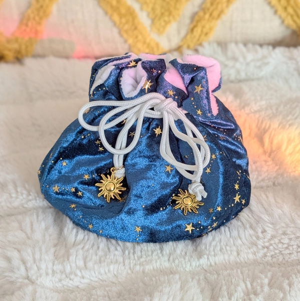 Starry Teal Multi pocket dice bag. Transportable dice storage for TTRPG dice and miniatures. Plushy soft dice bag