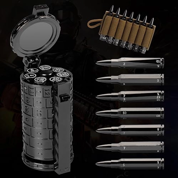 CZYY Rifle Bullet Dice Set - Solid Metal 7 Polyhedral Dice Set with Spinning Container Case & Cartridge Holder Belt - Perfect Role Playing Dice Set for D&D, Tabletop Games (Black)