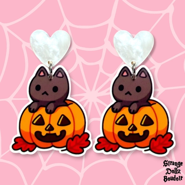 Cute cat and pumpkin earrings, 925 sterling silver, Halloween, Strange Dollz Boudoir