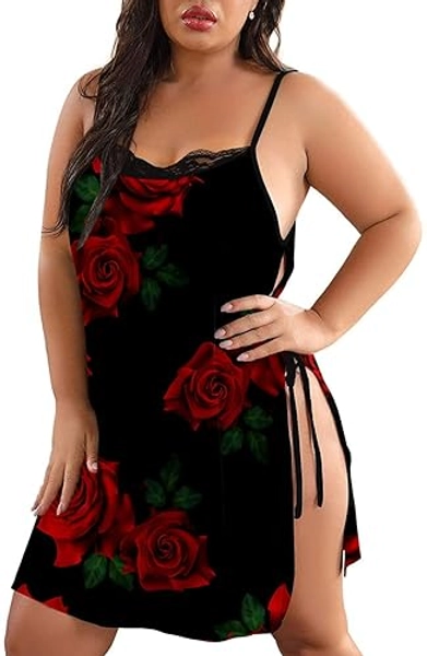 XAKALAKA Women Plus Size Lace Babydoll Lingerie Side Slit Strappy Chemise Sleepwear