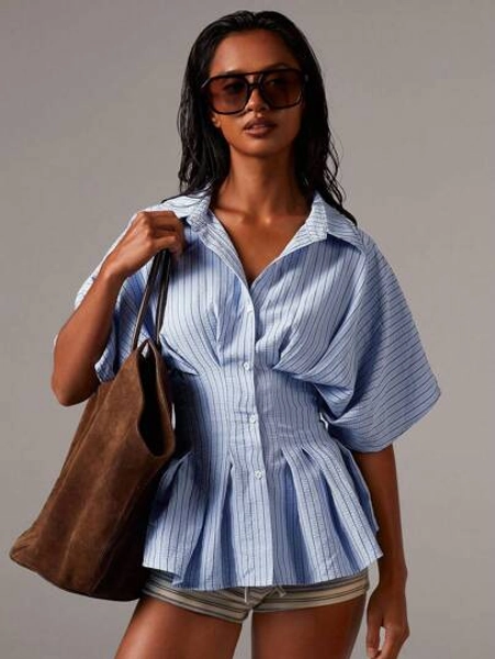 Athîral Women's Stripe Bat Sleeve Pleated Waist Casual Blouse,Business Casual Women,Autumn