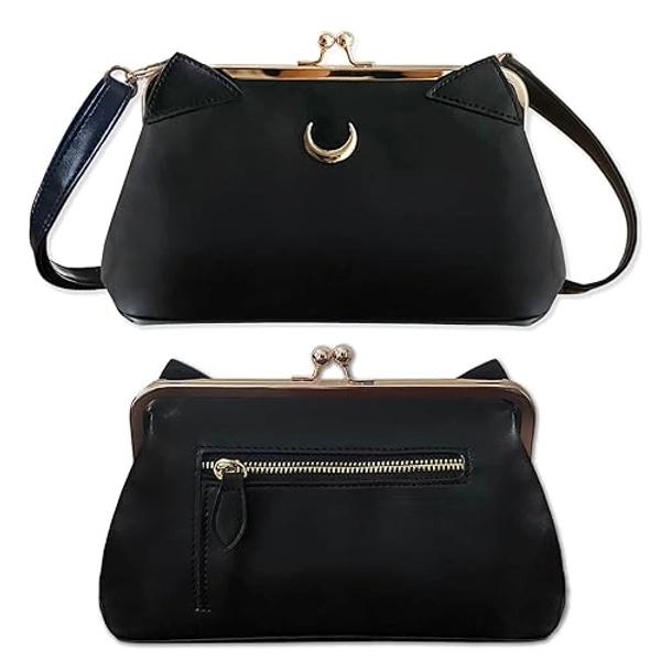 BelugaDesign Moon Cat Wallet | Crescent Ears Women Handbag Shoulder Bag | Cardcaptor Anime Faux Leather Bag | Cute Kawaii Black Crossbody Purse with Removable Strap | 12 Card Inserts 4 Pockets Clutch